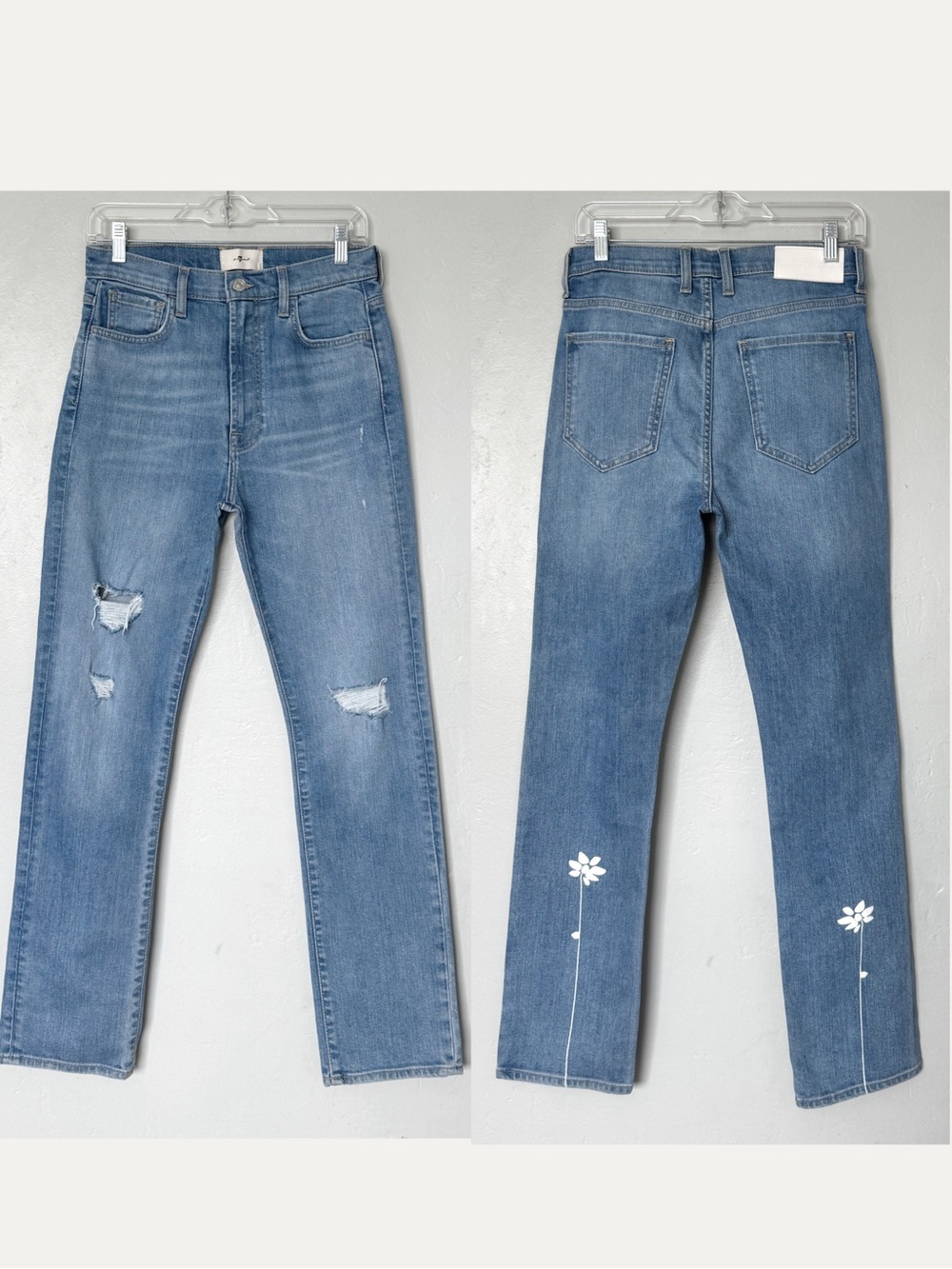 7 For All Mankind Easy Slim Blue High-rise Floral Distressed Jeans Size 27